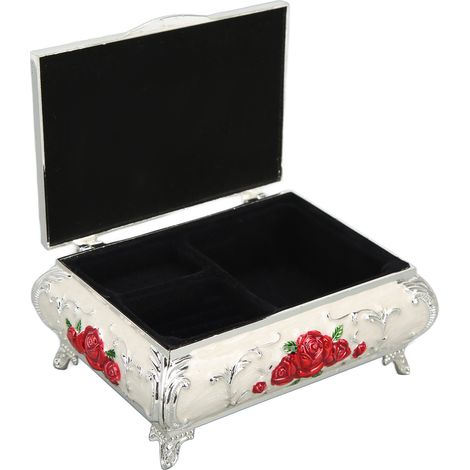 Boîte à bijoux en métal vintage rectangulaire, coffret de rangement décoratif pour femme et fille, cadeau élégant en argent, blanc, rouge et rose (1/5)