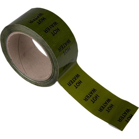 Ruban de marquage pour tuyaux Vert, Texte: Hot Water PP, Vinyle, largeur 50mm x Longueur 33m ( Prix pour Bobine de 33 Mètres )