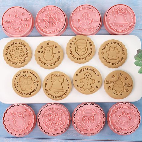 Set mit 8 gepressten 3D-Weihnachtsplätzchenformen, Plätzchenbackzubehör, Weihnachtsset, Geschenkbox. (1/4)