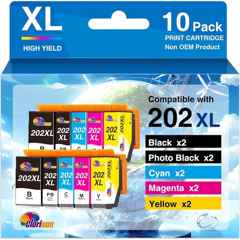 202xl Cartouches d'encre Compatible pour Epson XP-6100 XP-6000 XP-6005 XP-6105 XP-6001 (2 Noir, 2 Cyan, 2 Magenta, 2 Jaune, 2 Photo Noir, 10 Pack) (1/5)