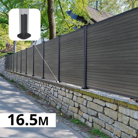 Kit Clôture Composite sur Muret SANTOS Ardoise 16,5x1,2m - Bois composite & Aluminium - Poteaux sur Platines Gris - Brise vue