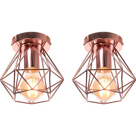 2 Pezzi Plafoniera da Soffitto, Ø16cm Mini Diamante Gabbia, Industriale Stile, E27 Attacco per Soggiorno Sala da Pranzo Oro Rosa