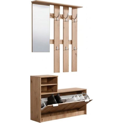 Mobile da Ingresso Tonengo, Specchio Incluso, 4 Ripiani, Appendiabiti, 100x29x191.5h cm Marrone Rovere Nodi