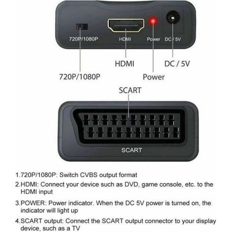 Adaptateur SCART vers HDMI - - 1080P - Câble d'alimentation USB - Plug and Play - Noir (1/4)