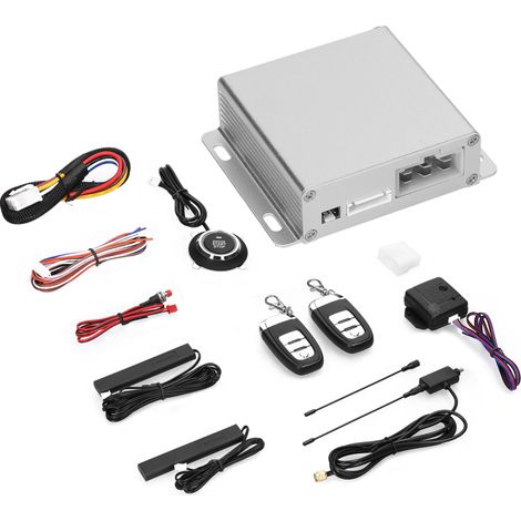 Sistema de alarma antirrobo para coche de 12 V, arranque remoto, entrada sin llave PKE, kit de cierre centralizado con 2 mandos a distancia y pulsadores de arranque/parada. (1/5)