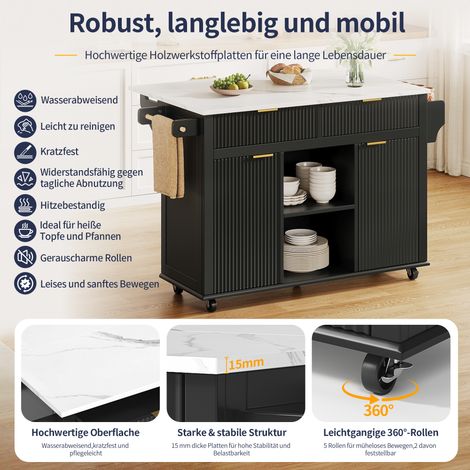 Îlot de cuisine mobile 120x45 cm, table rabattable, desserte roulante avec 2 tiroirs, 2 portes, étagère à condiments et porte-serviettes, meuble de rangement sur roues, noir (1/5)
