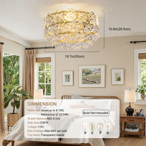 Ventilateur plafonnier 48 cm doré avec éclairage cristal, motif diamant, pales ABS, télécommande et appli, 6 vitesses, réversible, luxe haut de gamme (1/5)