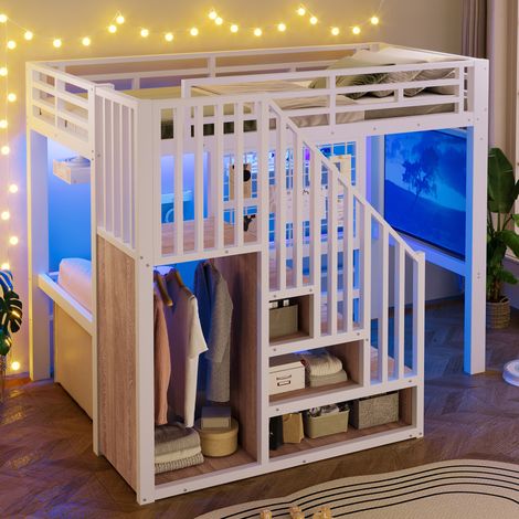 Lit mezzanine enfant Métal 90x200 cm avec escalier à rangements compatible avec un projecteur, éclairage LED MDF Blanc (1/5)