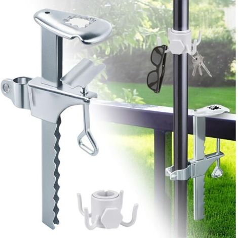 Support Parasol Balcon, Support de Parasol en Acier Galvanisé avec Clip Allongé, Support de Parasol avec Crochet de Suspension, Plage de Serrage 0-20 cm, pour Terrasses, Parasol, Clôture de Jardin (1/4)