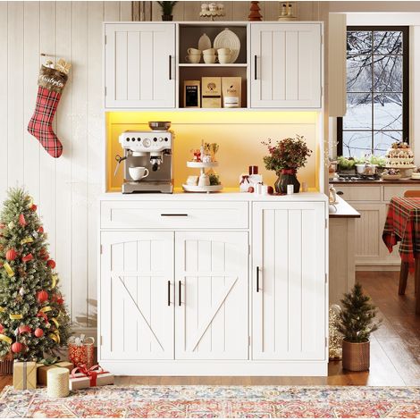 Aparador de cocina blanco 110x38x180 cm con LED y enchufes, MDF y metal, estilo rústico, OKWISH (1/5)