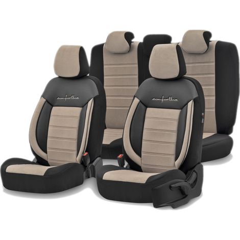 Komplettset: Luxuriöse Polsterung OTOM-Textil mit Kunstleder, COMFORT LINE Design – Beige-Schwarz mit beiger Naht, für vordere u