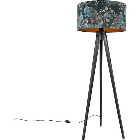 Tripod Floor Lamp Black with Peacock Lampshade 50 cm - Tripod Classic
