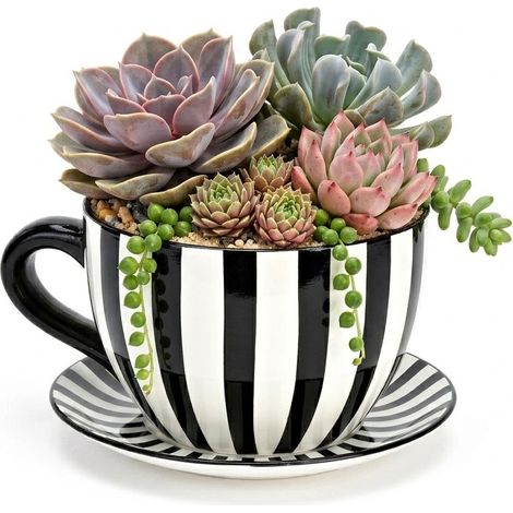 Vase ou pot de fleurs en forme de tasse rayée noir 28 x 34 cm