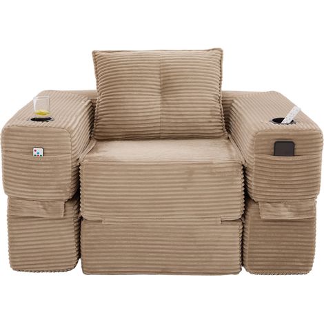 Sofá cama plegable de corduroy beige claro con espuma de alta densidad y muelles, 1 plaza, HOMVRA (1/5)