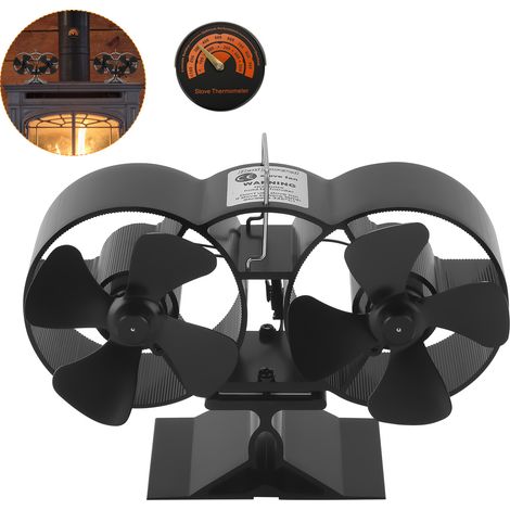 Jiubiaz Ventilador para estufa de doble cabezal con 8 aspas y 2 motores, termoeléctrico silencioso, con termómetro, negro (1/5)