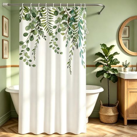 Rideau de douche 240 x 180 cm - Motif feuilles vertes - Ourlet lesté - Textile anti-moisissure - Imperméable - Lavable - En polyester - Avec 16 œillets et anneaux de rideau de douche (1/5)