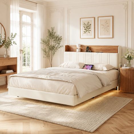 Lit adulte 140 x 190 avec bande LED - Lit double rembourré 140 x 190 - Tête de lit avec rangement - USB et Type-C - PU Beige - Style rustique français (1/5)