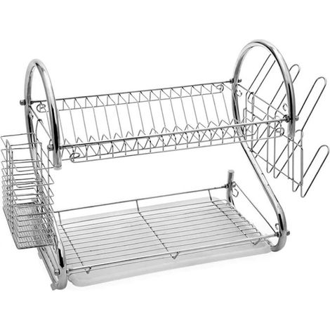 Égouttoir à vaisselle - HOMELINE - 2 niveaux - 14 assiettes - Bac récupérateur - Porte-couverts latéral (gris) (1/5)