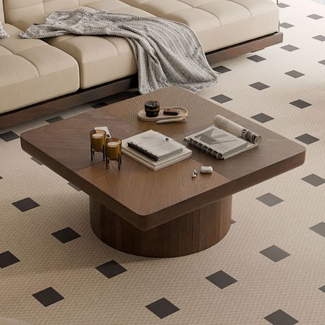 DESMIU Table basse carrée avec 1 plateau, base cylindrique, style moderne, pour salon, noyer (1/5)