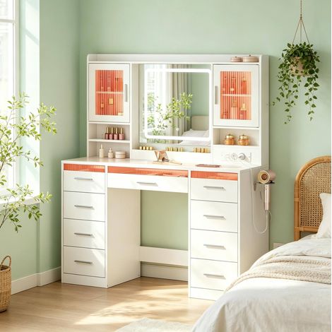 Coiffeuse avec miroir et plateau en verre trempé 110 x 40 x 140 cm blanche OKMYHOME (1/5)