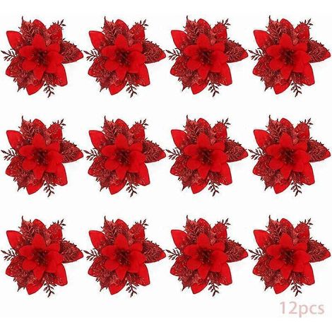 Lot de 12 fleurs artificielles de Noël (rouges), poinsettias, décorations pour sapin de Noël (1/5)