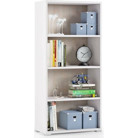 Dmora Bücherregal Giacinto, Bibliothek mit 3 verstellbaren Einlegeböden, Bücherregal, Schrankwand mit Regalen, 100% Made in Italy, Cm 60x30h130, Weiß und Eiche