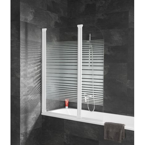 Schulte – Pare-baignoire pliant 114 x 140 cm – Verre de sécurité 3 mm – Paroi rabattable 2 volets – Montage mural réversible – Décor rayures blanches
