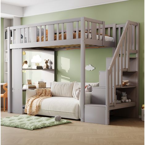 Lit mezzanine 90/200 cm gris en bois avec escalier de rangement (1/5)