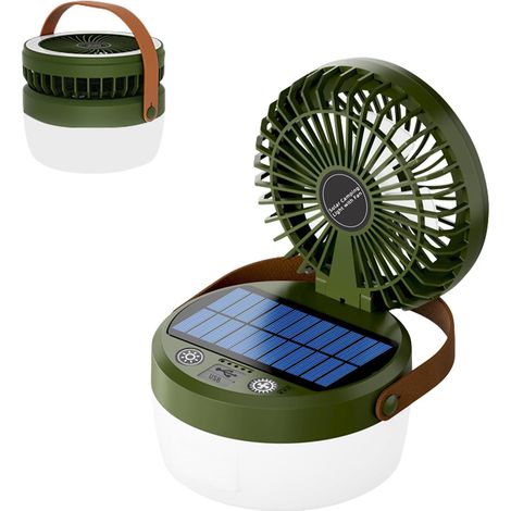 Ventilateur de camping solaire, rechargeable par USB, ventilateur de table, lampe de camping, réglage à 90 °, lumière à 4 niveaux, vitesse du vent à 3 niveaux (vert) (1/5)