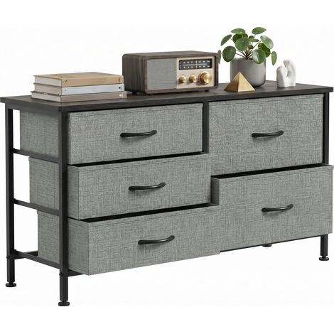 Commode 5 tiroirs en tissu, structure en acier, idéale pour le salon ou le bureau, gris foncé et noir. (1/5)