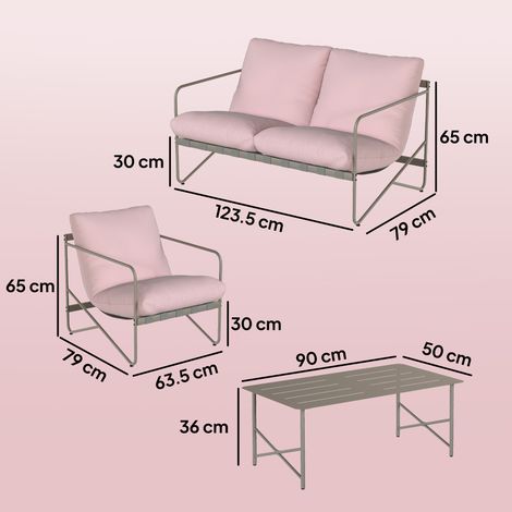 Un ensemble de jardin quatre pièces (métal galvanisé, rose) comprenant un canapé deux places, deux fauteuils et une table basse. (1/5)