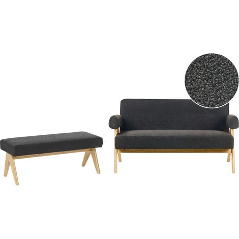 Ensemble de Salon Rétro Canapé 2 Places et Banquette Pieds en Bois Marron Clair Revêtement Rembourré Bouclé Vert Tamre