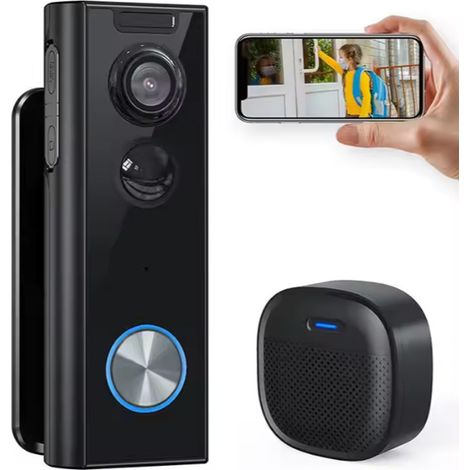 Campanello wireless con telecamera, videocitofono wireless HD 2K da esterno impermeabile con staffa multi-angolo, rilevamento del movimento PIR, visione notturna, audio bidirezionale