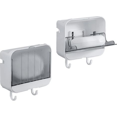 Wandseifenschalen mit je 2 Haken, wasserdichter Seifenhalter für die Dusche, bohrfreie Seifenbox, leicht zu reinigen, hält Seife trocken, weiß, 2er-Set (1/5)