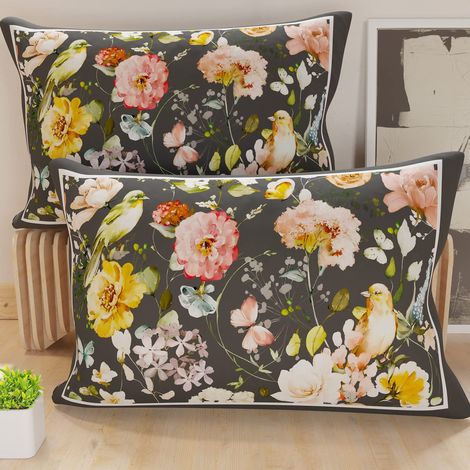 Lot de 2 Taies d'Oreillers 80x40 cm 100% Microfibre Hypoallergénique, Housse Oreiller Rectangulaire Floral Noir, Paquet de 2