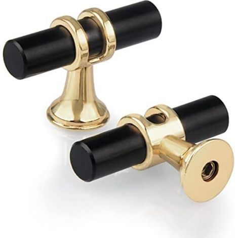 Set of 10 Single Hole T-Shaped Drawer Knobs, Modern T-Handle Cabinet Door Knobs, Zinc Alloy, Single Hole Knobs for Kitchen Furniture, Wardrobe, Cupboard, Bedroom, Screws Included, Black with Gold Base (1/4)