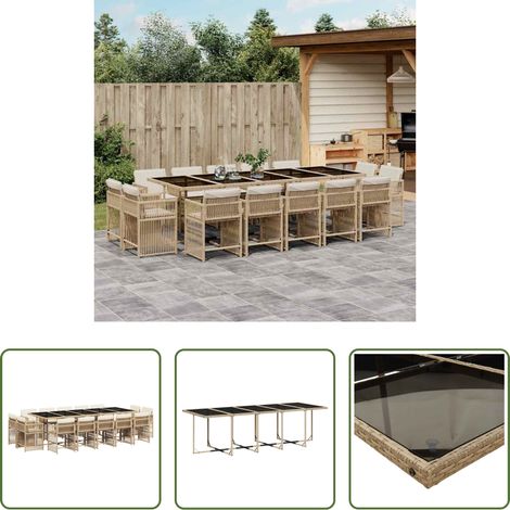 vidaXL Gartenstuhl -  15-tlg. Garten-Essgruppe mit Kissen Beige Poly Rattan (1/5)