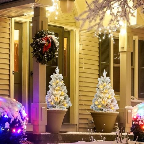 Sapin de Noël avec éclairage LED, lot de 2, 107 cm, pommes de pin, baies rouges, ignifugé, vert et blanc (1/5)