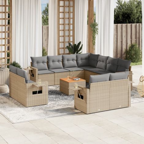 Salon de jardin modulable en résine tressée beige avec plateau en acacia et coussins gris - PANGIVO (1/5)