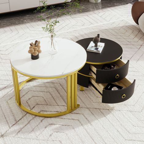 Tavolino basso rotondo impilabile 2 pezzi con 2 cassetti, nero/bianco effetto marmo, MDF (1/5)