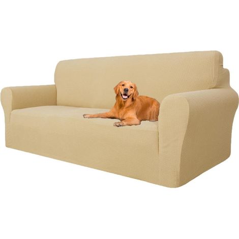 Elastischer Sofabezug 3 Sitzer, Couchüberzug rutschfest, Sofaschutz für Haustiere, Beige (1/5)