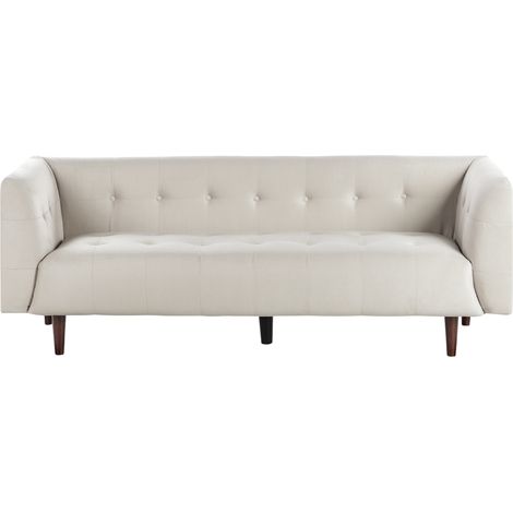 Sofá 3 plazas tapizado en tela patas de madera respaldo abotonado beige claro Byske