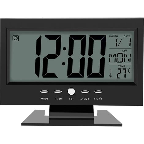 Digitaler Tischwecker mit LCD-Display, Wecker mit Kalender und Temperaturanzeige fürs Schlafzimmer (Schwarz) - Crezuo