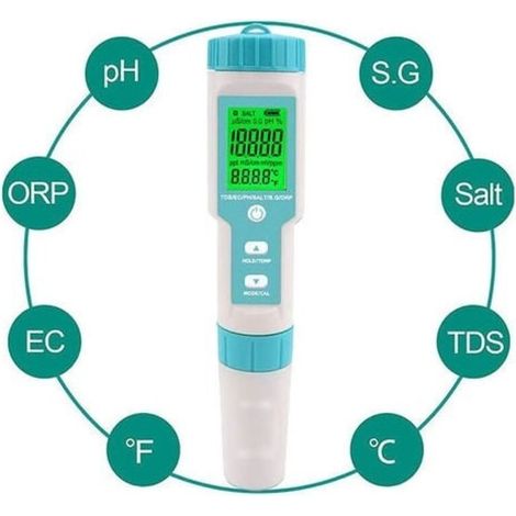 Misuratore digitale 5 in 1 di salinità per piscine, pH e salinità per acque sporche, piscine, vasche idromassaggio e piscine con nuoto controcorrente (1/4)