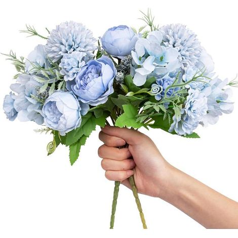 Lot de 2 fleurs artificielles en soie bleu clair - Pivoines et hortensias décoratifs (1/5)