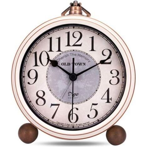 Reveil Vintage sans Tic-tac, Métal Beige Reveil Classique Rétro, Elégant Déco Silencieuse Horloge de Table Chevet Chambre Bureau 13.5cm (1/4)