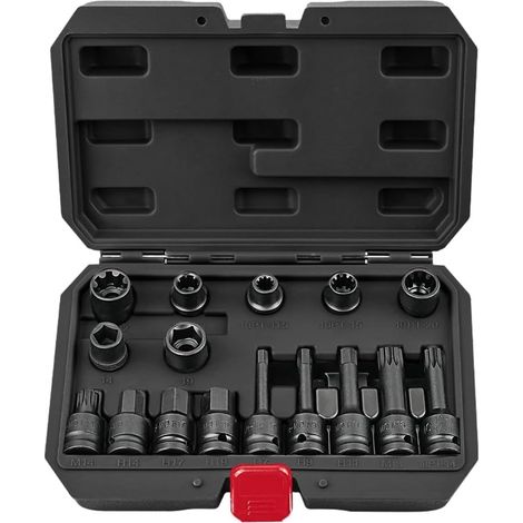Douilles Étriers Frein 16 Pièces 1/2 5/7/10 Pans CR-MO 1/2, profils 5/7/10 pans et hexagonaux pour démontage étrier de frein, compatible avec VW (1/5)