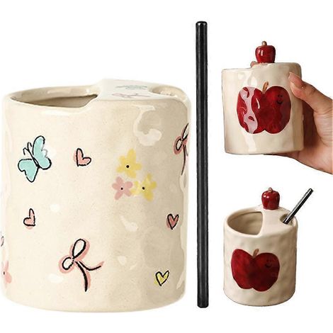 Mug à café original en céramique avec paille, décoré d'un joli graffiti de pomme, cadeau idéal pour les amateurs de café. (1/5)