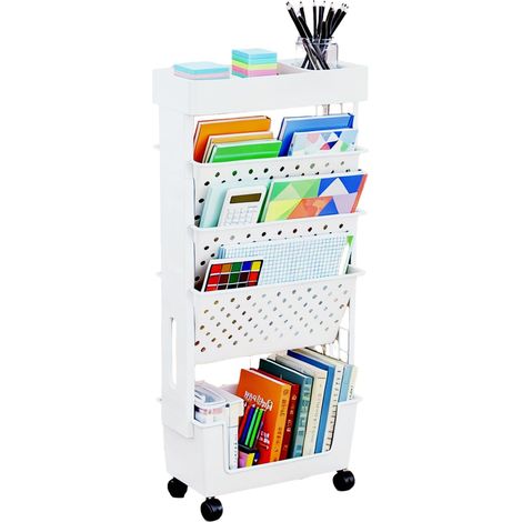 Mobile Bookshelf with Wheel Multi Purpose Trolley Cart 5-Tier Rolling Bookcase Book Storage for Home, Classroom, School, Office, Dorm, White (1/5)