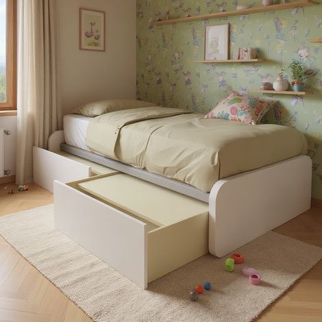 Letto singolo con cassetti 80x190 per cameretta - Design personalizzabile - Bianco
